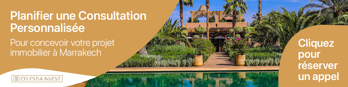 Celestia Invest advertising banner offering a personalized consultation for the purchase of property in Marrakech. Click to book a call on Calendly