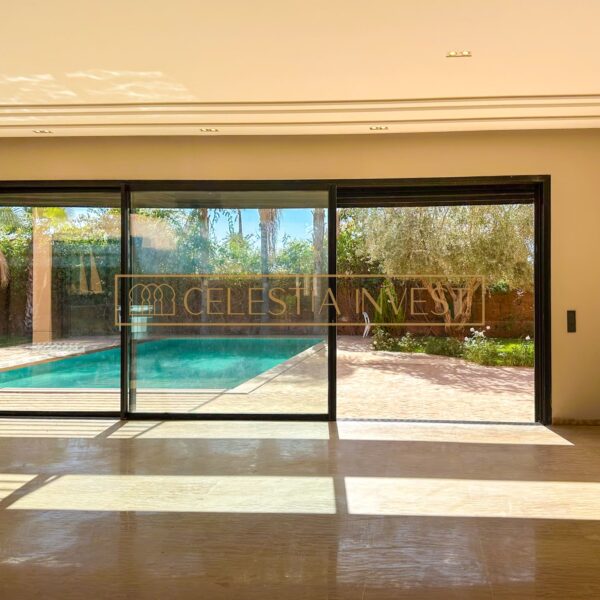 View of the pool through the glass doors